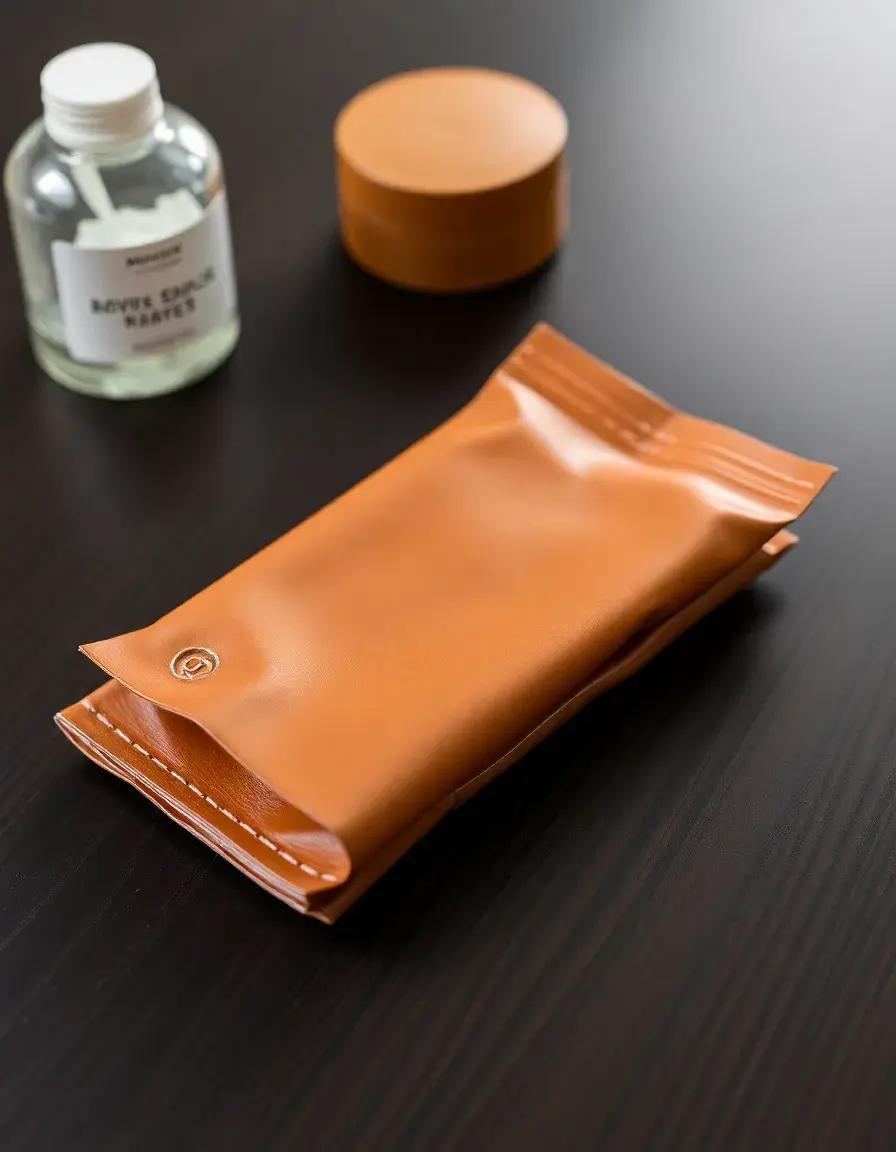 Conditioning leather wipes on table