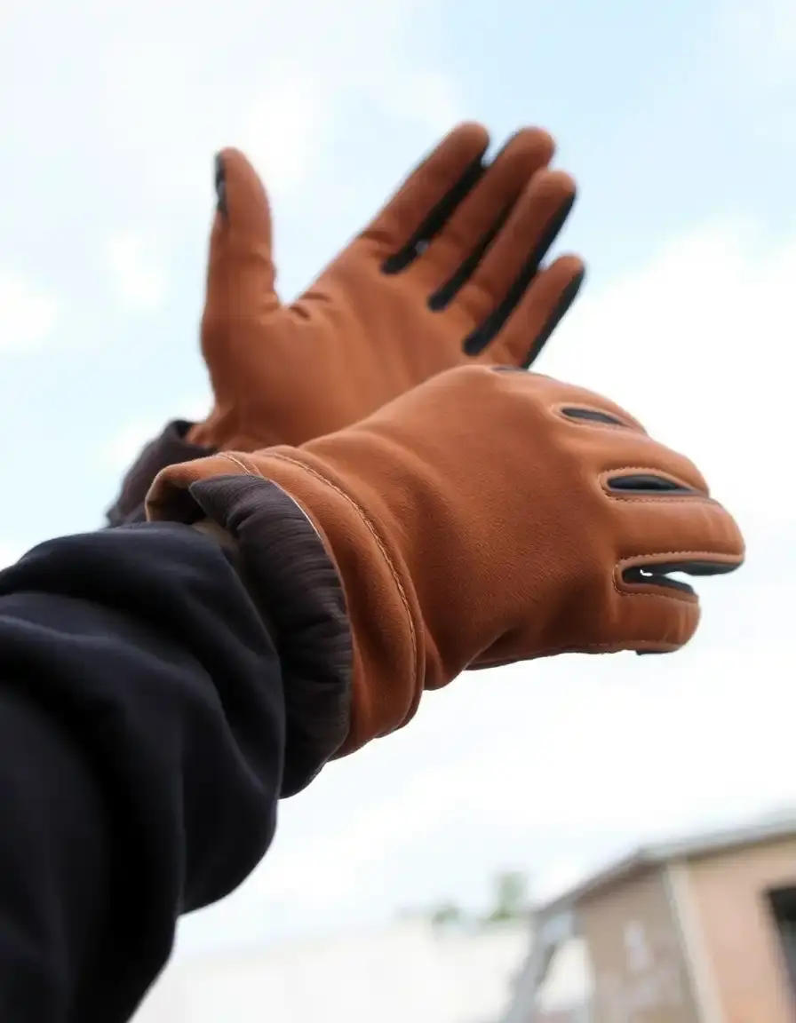 Tan leather welding gloves with long sleeves