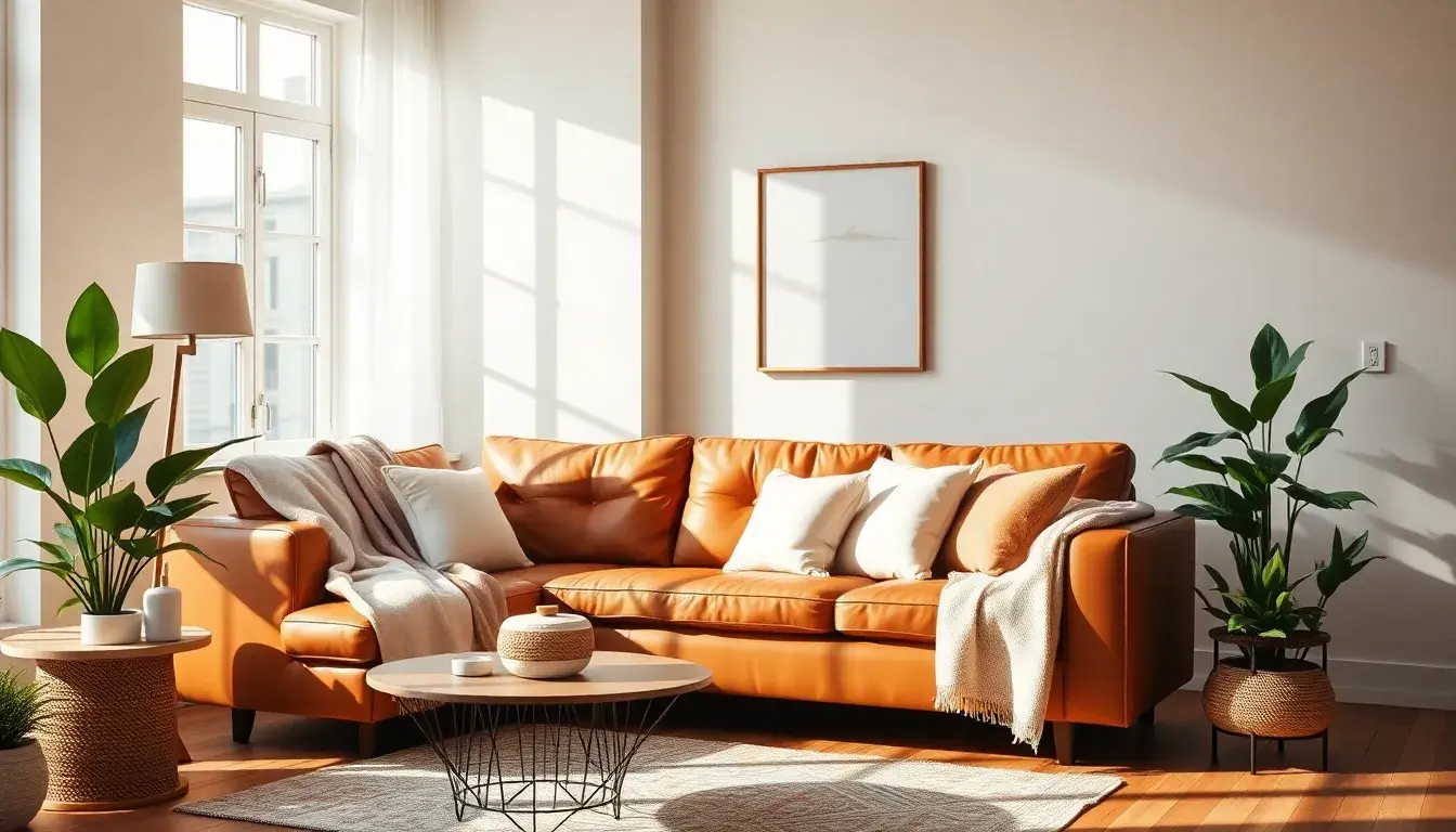 tan leather sofa