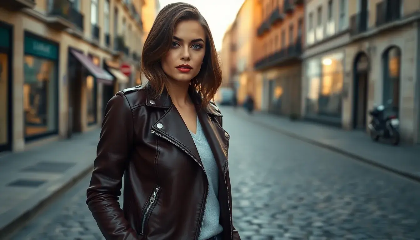 brown leather jacket womens clothing