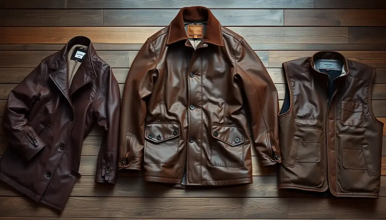 brown leather outerwear